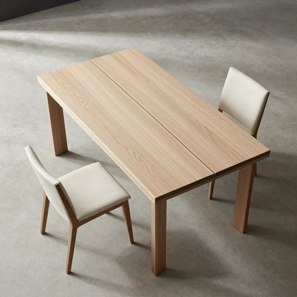 Flatlay zenitale del tavolo allungabile in rovere chiaro con tre sedute su cemento chiaro.