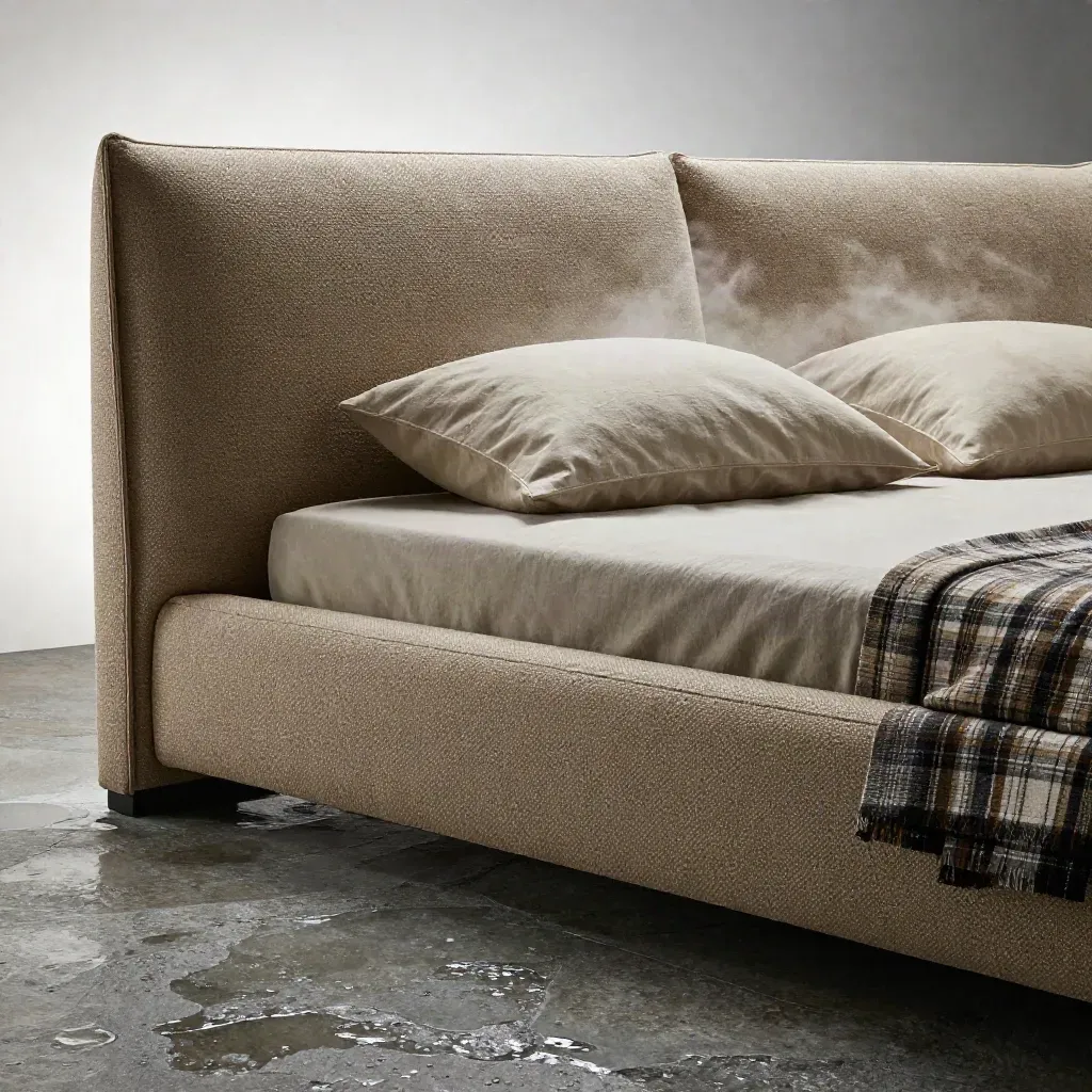 Letto contenitore sabbia su pietra bagnata con cuscini, plaid e luce morbida dall’alto