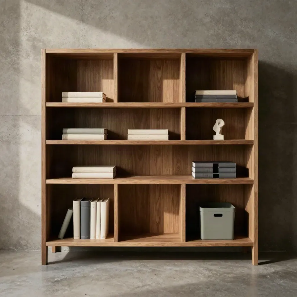 Libreria in rovere vista dall’alto con libri, scultura in gesso e contenitori su cemento caldo.