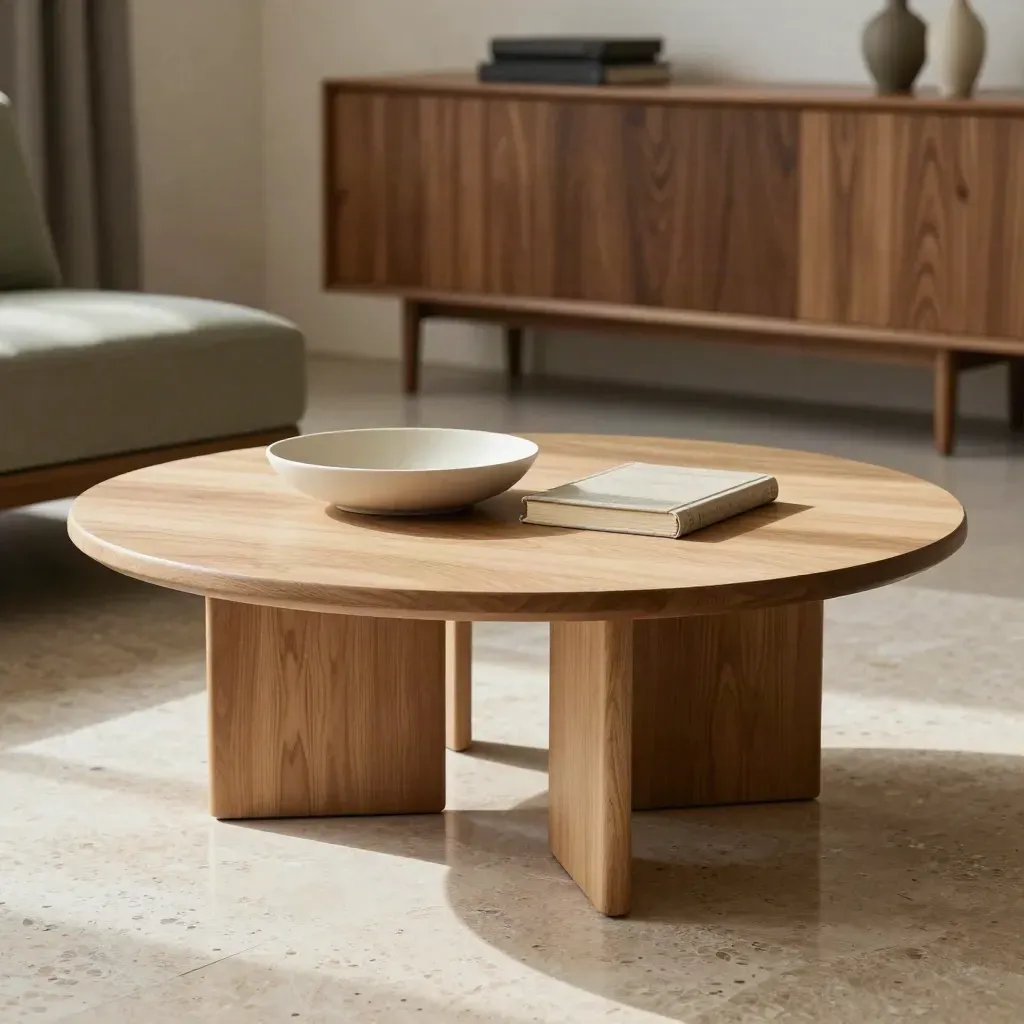 Tavolino rotondo chiaro in showroom con ciotola in ceramica e libro chiuso.