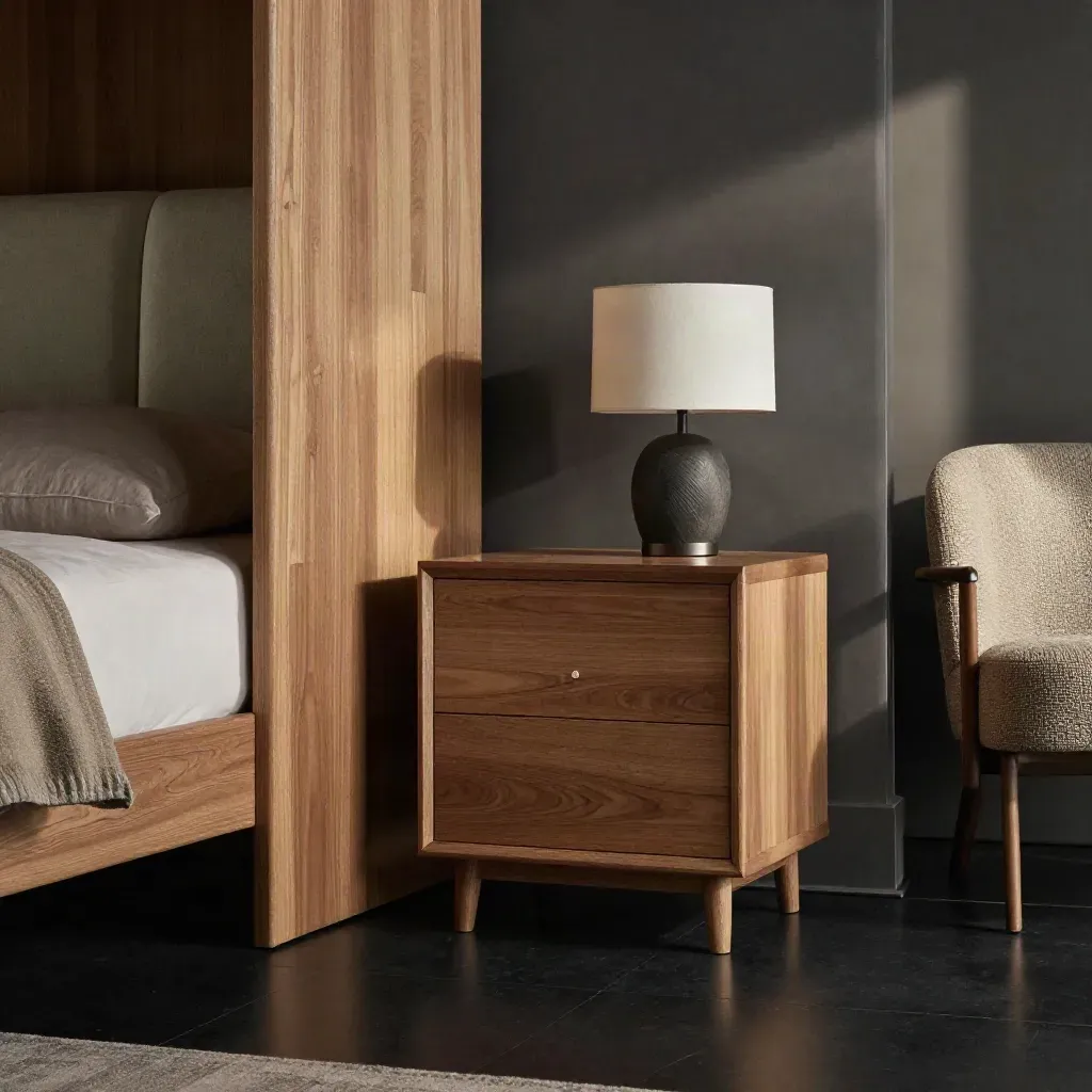 Camera completa in noce chiaro con letto, armadio, comodini, poltroncina e lampada scultorea.
