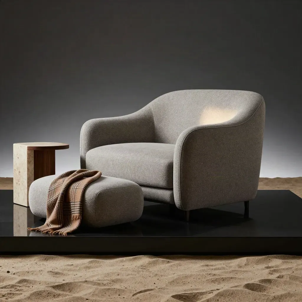 Poltrona sabbia con pouf, plaid e tavolino in pietra su fondo scuro