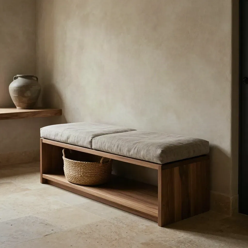 Panca contenitore in lino greige con cesta in fibra naturale in un ingresso luminoso