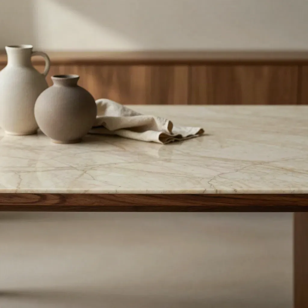 Lastra in marmo crema con vasi ceramici opachi e legno caldo, luce morbida.